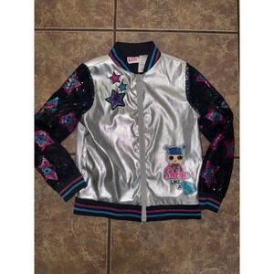 LOL Surprise Girls Silver Sequin Bomber Jacket Star Varsity Zip Coat Size M 7/8